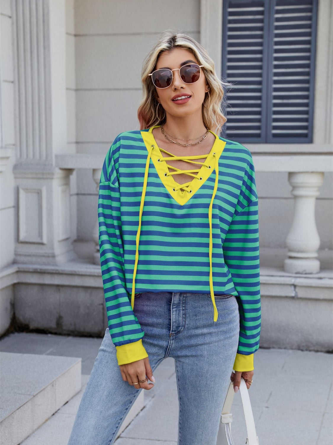 Striped T-Shirt Lace-Up Crisscross V Neck Long Sleeve Blouse Top e9cfebae-15f6-4198-ba5e-f1649f3ae196-Max Trendsi