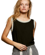 POL Ribbed Round Neck Tank with Lace Trim