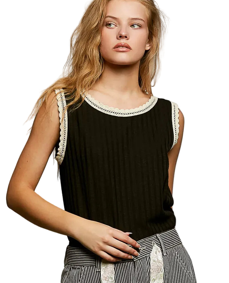 POL Ribbed Round Neck Tank with Lace Trim