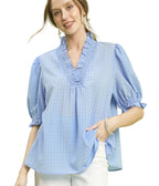 Umgee Textured Check Ruffle V-Neck Blouse