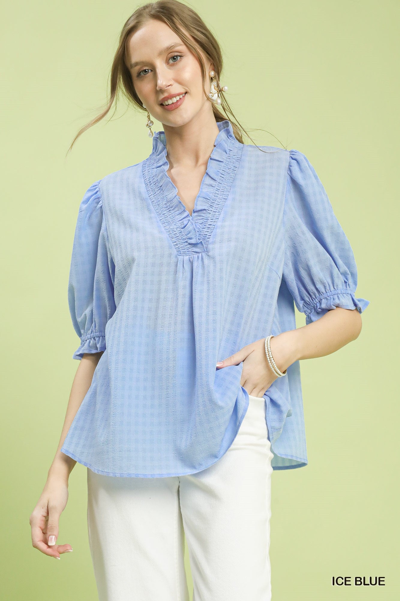 Umgee Textured Check Ruffle V-Neck Blouse