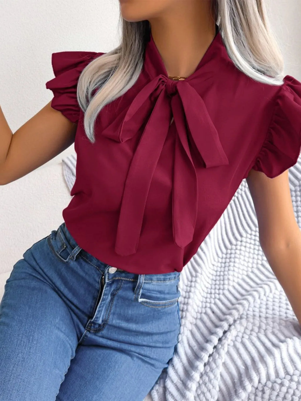 Women's Blouse Bow Tie Neck Ruffle Cap Short Sleeve Top e9d83685-e929-4992-83a6-39febb5e3252-Max-Origin Trendsi
