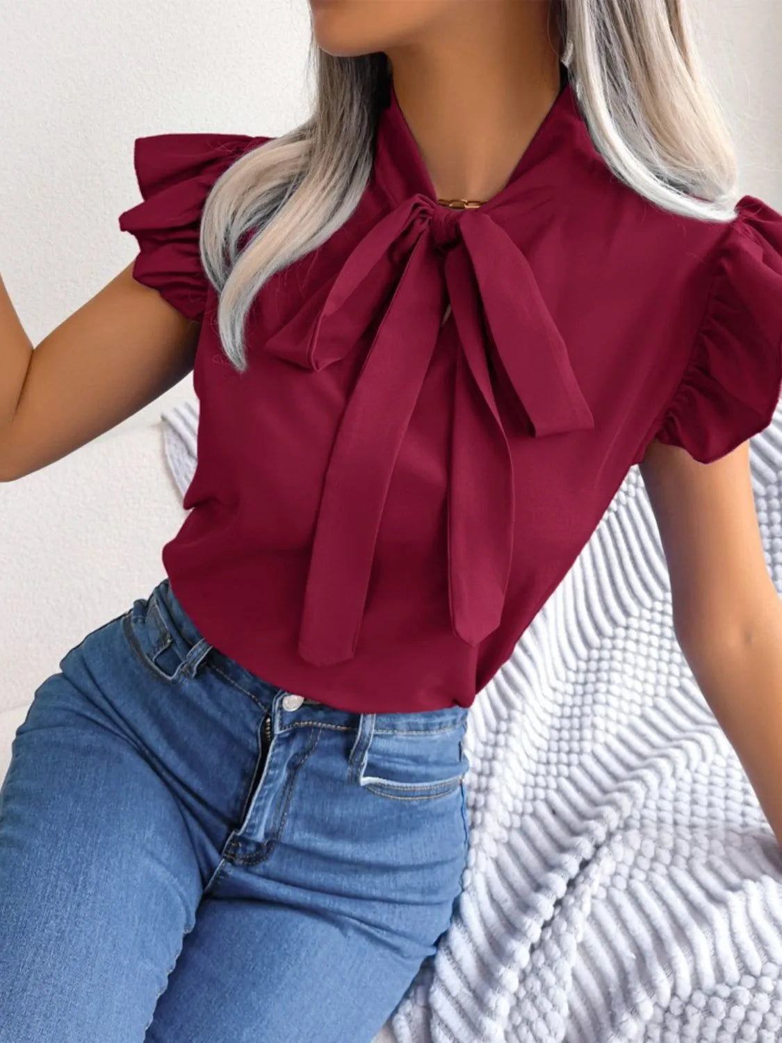 Women's Blouse Bow Tie Neck Ruffle Cap Short Sleeve Top e9d83685-e929-4992-83a6-39febb5e3252-Max-Origin Trendsi