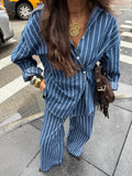 Striped Button-Up Shirt and Pants Two-Piece Set