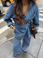 Striped Button-Up Shirt and Pants Two-Piece Set