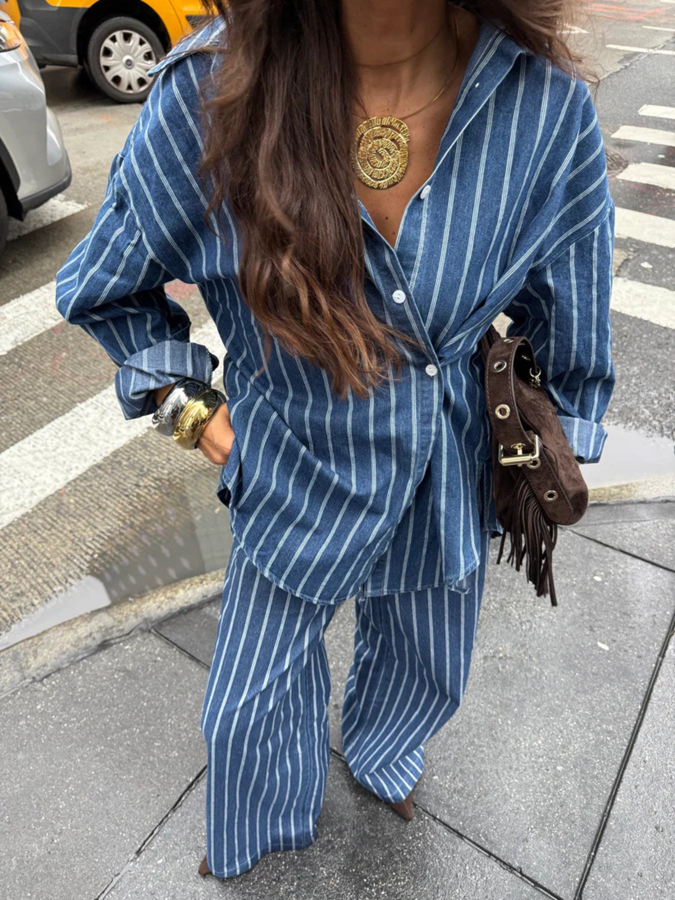 Striped Button-Up Shirt and Pants Two-Piece Set