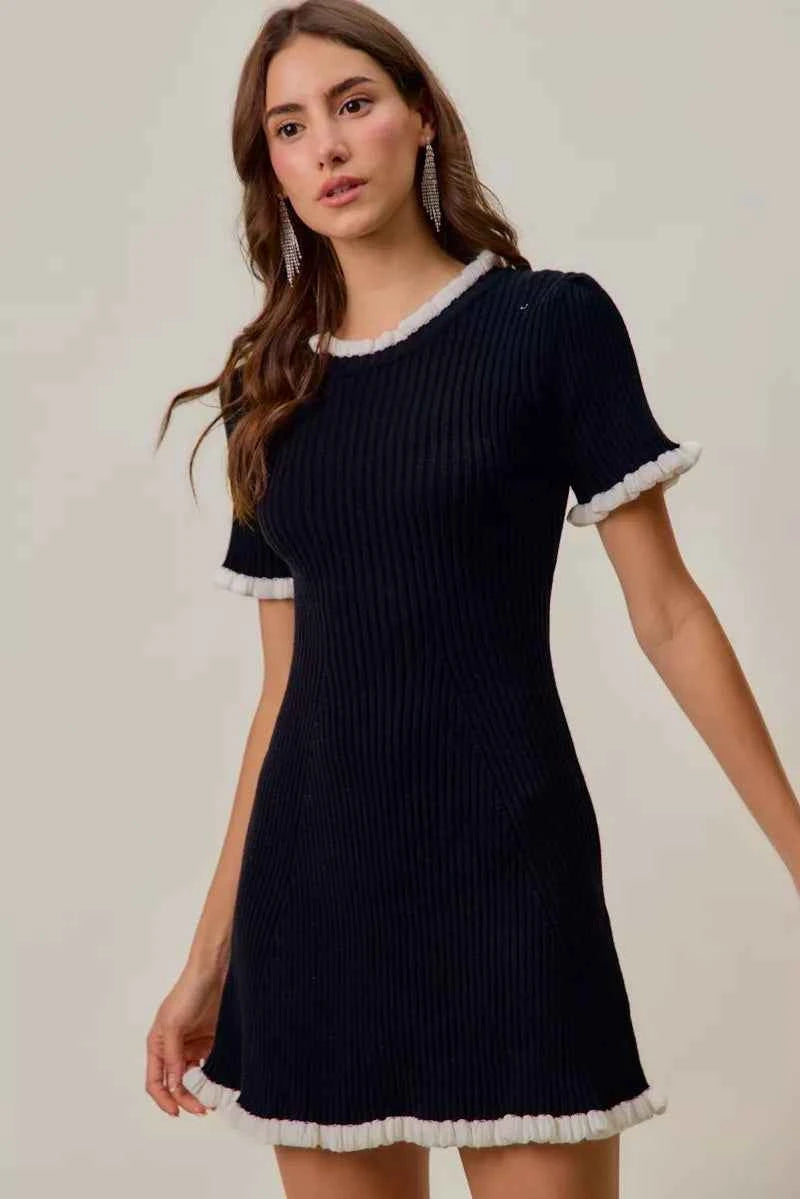 SO ME Contrast Ruffled Sweater Knit Mini Dress