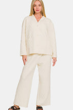 Zenana Quilted Lounge Set Cream V Neck Button Up Long Sleeve Top and Pants Cream e9e4c155-e868-4b01-b647-77d6e77159c4-Max Trendsi
