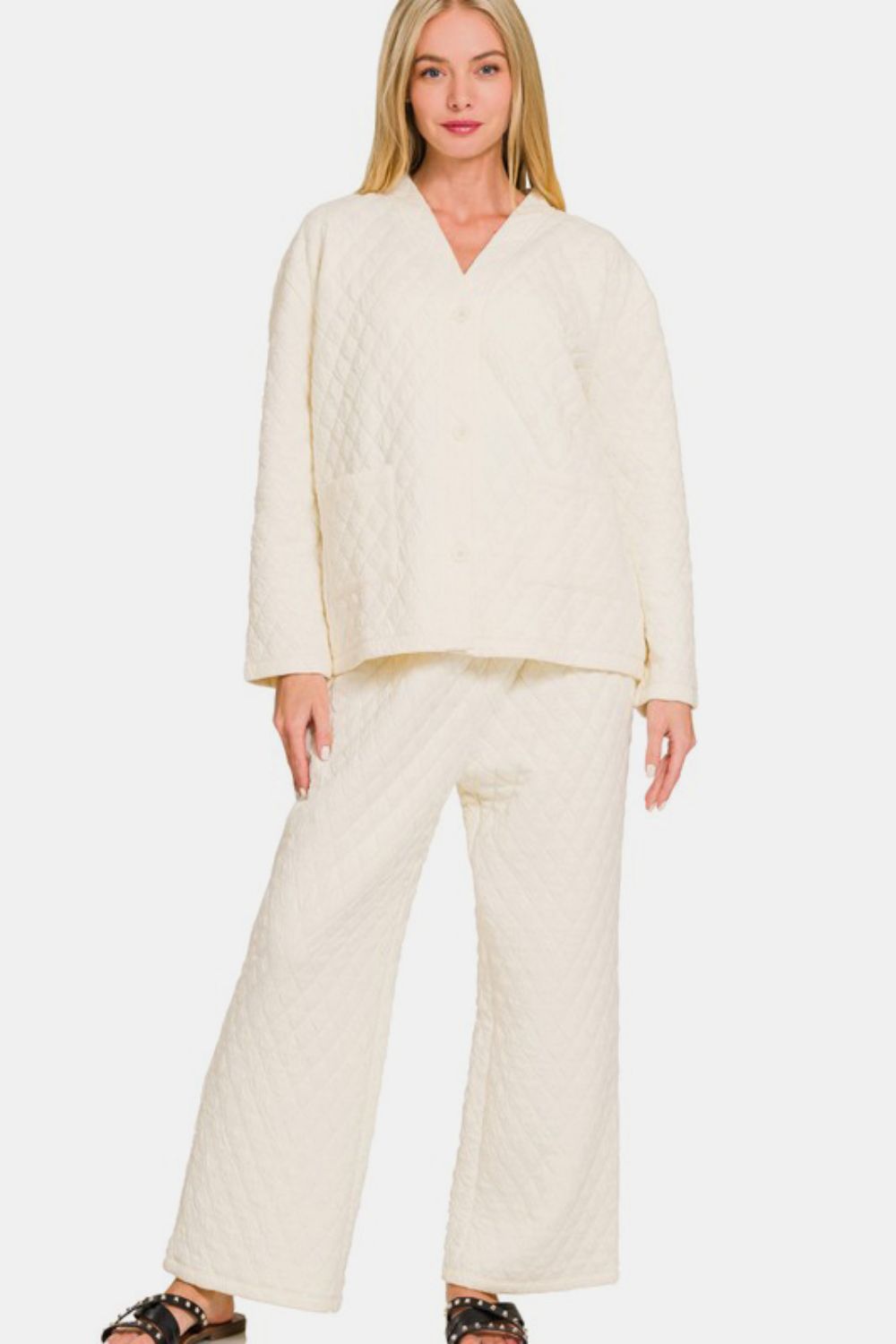 Zenana Quilted Lounge Set Cream V Neck Button Up Long Sleeve Top and Pants Cream