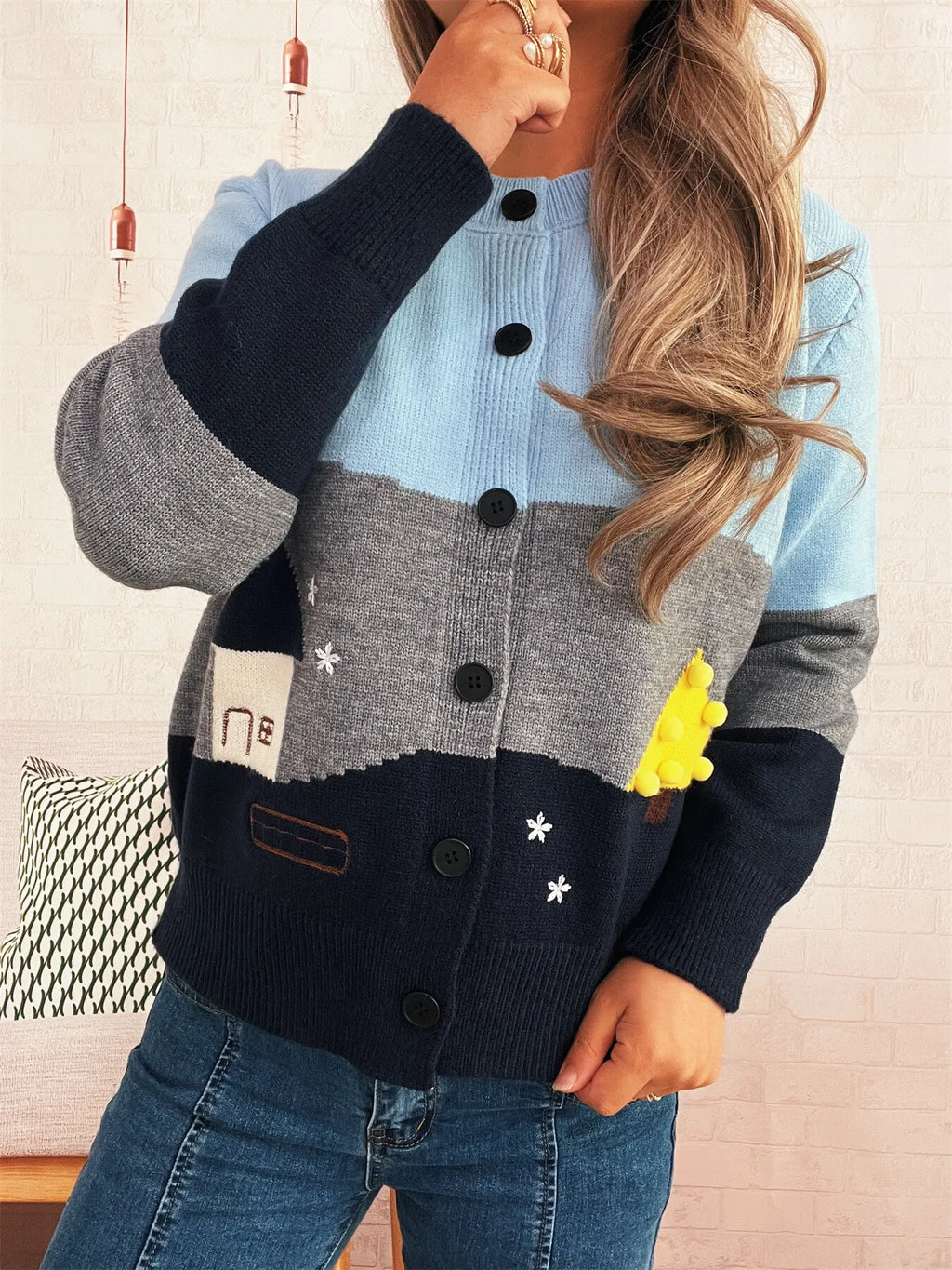 Women's Cardigan Color Block Stripe Button-Up Knit Round Neck Sweater Blue One Size e9e58724e8a54374bf1853922fc1392d-Max-Origin Trendsi