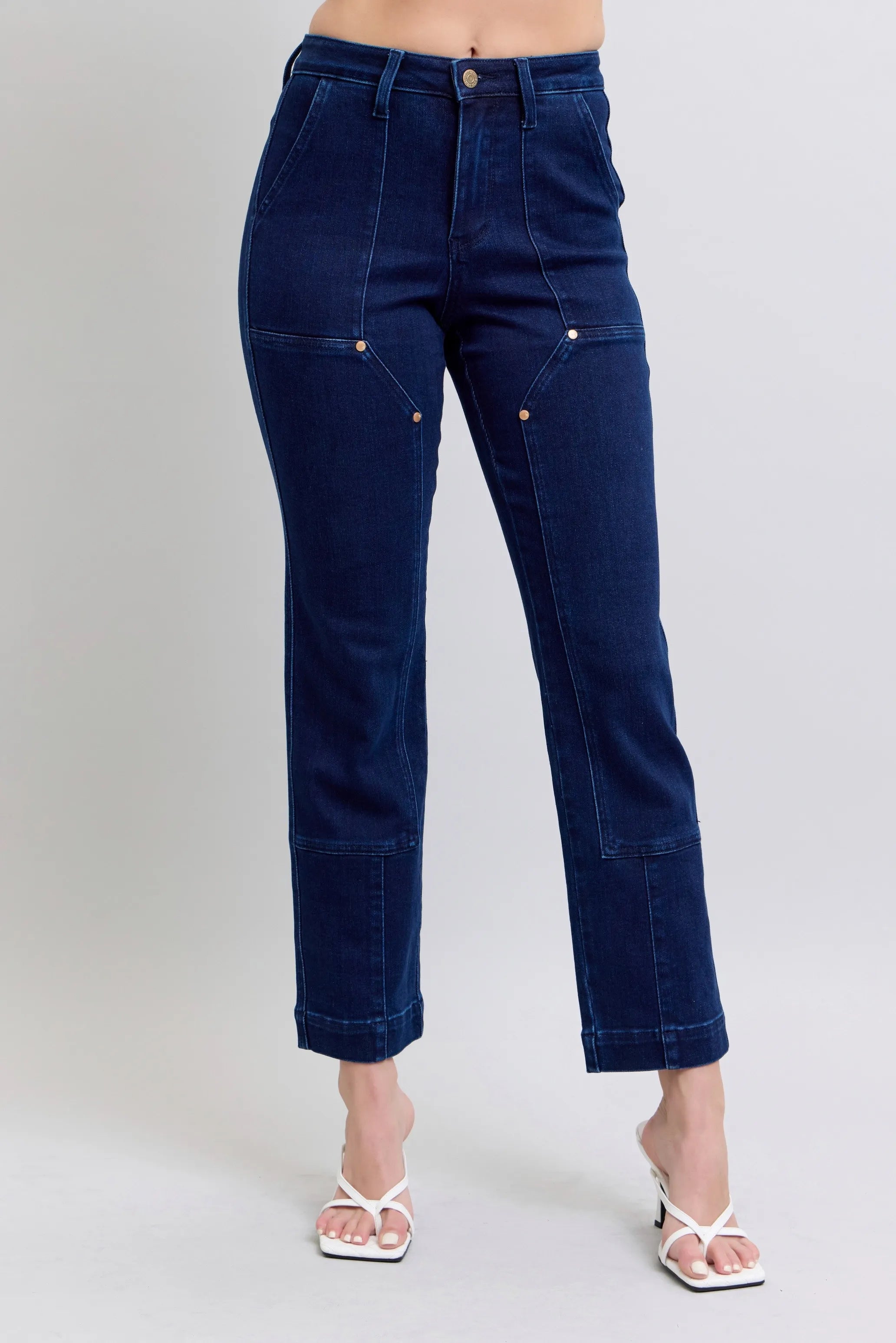 Judy Blue Straight Jeans High Waist Rivet Work Wear Knee Patch Dark Wash e9e8e8452f954154bb0741f7d9fa4277-Max-Origin Trendsi