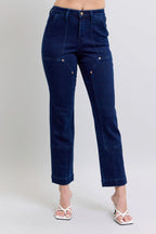 Judy Blue Straight Jeans High Waist Rivet Work Wear Knee Patch Dark Wash e9e8e8452f954154bb0741f7d9fa4277-Max-Origin Trendsi