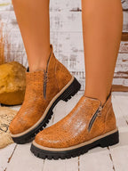 Women's Ankle Boots Pu Leather Textured Side Zip Round Toe Low Heels Shoes e9f226f1-9aed-4ded-ad81-cb6f48ab2d5e-Max-Origin Trendsi
