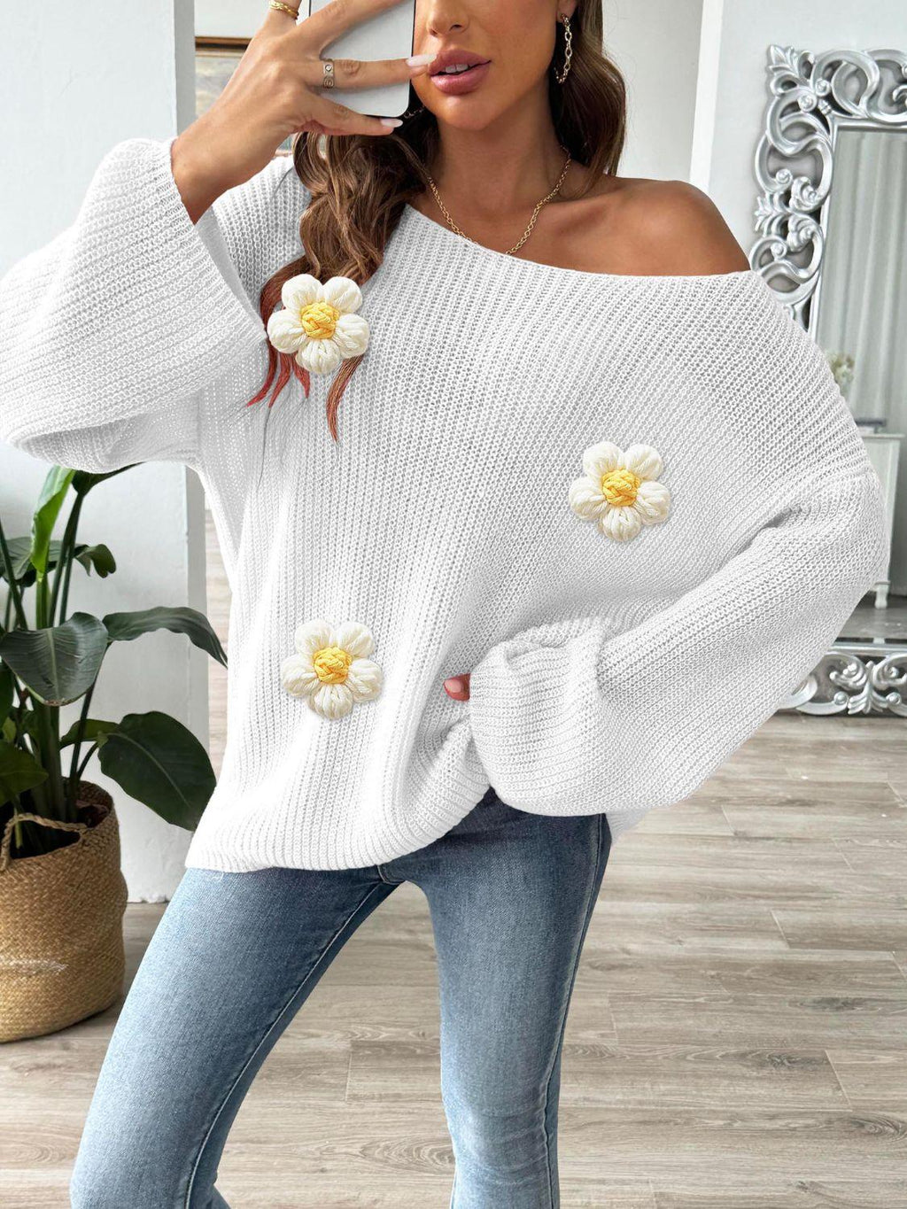 Sweater Flower Knit Applique Round Neck Long Sleeve Knitwear White e9f51079-fd7e-48a9-8469-8119494740b8-Max Trendsi