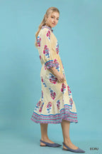 Umgee Midi Dress Flower Patch Border Print Ecru Ruffled Short Sleeve e9f642e7-642b-48a4-a144-7bc096e9ebdb-Max-Origin Trendsi