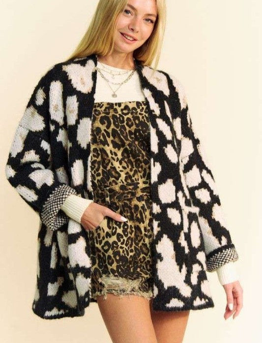 Davi & Dani Cardigan Leopard Glitter Open Front Long Sleeve Pocketed Black e9f8044a-3565-489e-9a5f-d3c1bf02faa7-Max Trendsi