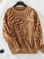 Women Sweater Geometric Pattern Round Neck Long Sleeve Acrylic Knitwear Camel e9ff9426-5676-4ee2-9eb8-f5910708dc93-Max Trendsi