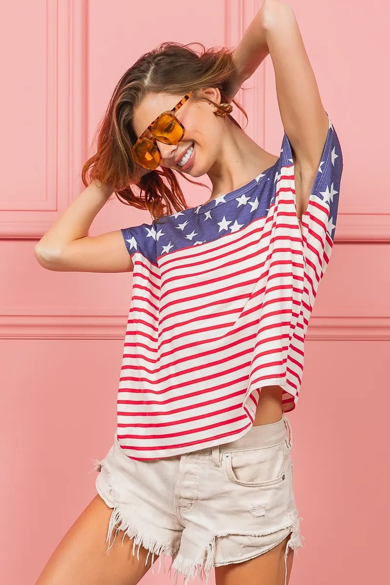 BiBi Cotton T-shirt US Flag Star Rpinted with Stripe Combo Top ea06f831d0674de785182d80fcfabdf7-Max-Origin Trendsi