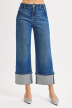 RISEN Women's Cuffed Jeans Ankle Wide Rhine Stone Dark Washed Denim DARK ea19251aca174b4dbebb112c58d4e047-Max-Origin Trendsi