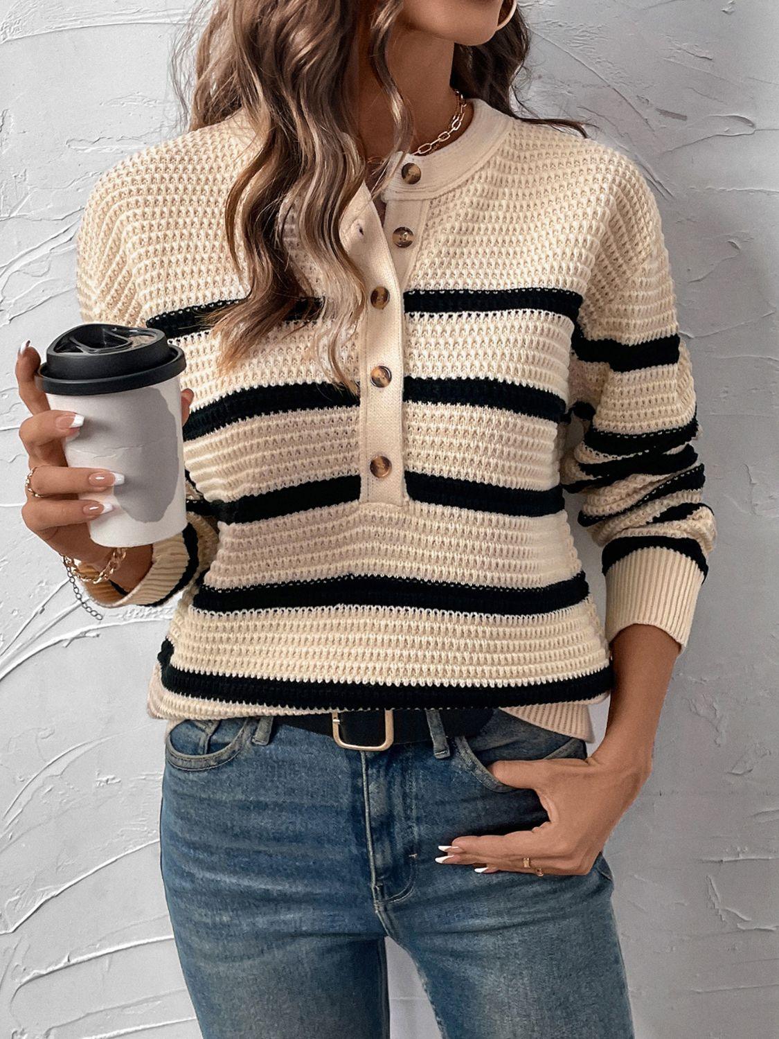 Perfee Striped Sweater Half Button Long Sleeve Knitwear ea47f9e9-2877-455c-85c1-14283a3b0c12-Max Trendsi
