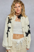 POL Cream Denim Jacket Star Patch Applique Raw Hem Button Up Long Sleeve Cream ea4cd25b-dd3c-441e-a448-a4bdba9c9e71-Max-Origin Trendsi