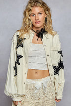 POL Cream Denim Jacket Star Patch Applique Raw Hem Button Up Long Sleeve Cream ea4cd25b-dd3c-441e-a448-a4bdba9c9e71-Max-Origin Trendsi