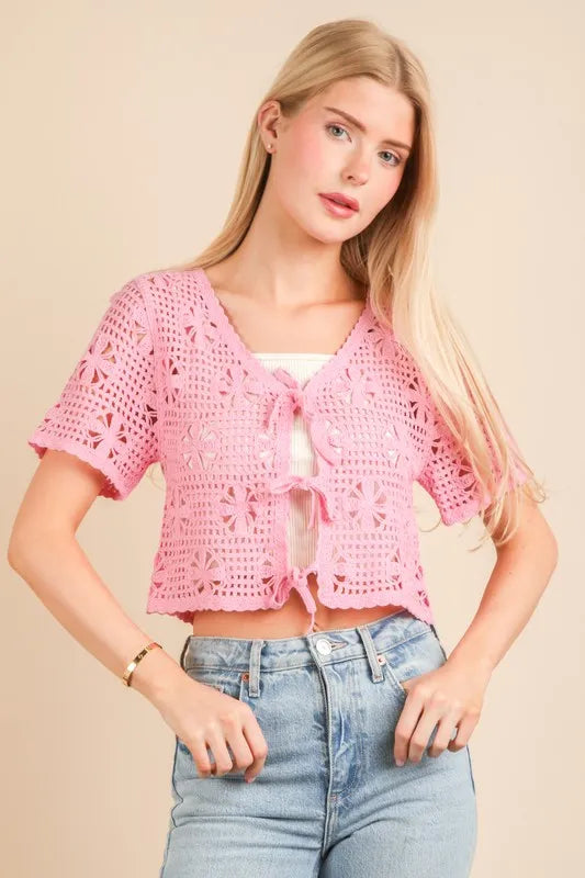 VERY J Crop Top Crochet Pink Front Tie Openwork Knit Short Sleeve