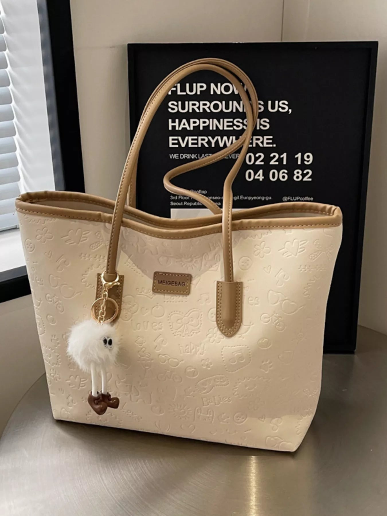 Womens Tote Bag Embossed Pattern Letter Stylish and Functional Handbag Khakis One Size ea532f3ed4e147c3a75dc618206f04c3-Max-Origin Trendsi