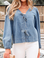 Women's Denim Top Tied Front Puff Long Sleeve Dusty Blue Blouse ea5566ba247e4180b10520664e2a2294-Max-Origin Trendsi