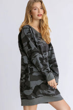 Umgee Mini Dress Camouflage Print Dark Gray Ribbed Hem French Terry ea5719ef-05fb-410b-8ec7-e9585be3e57a-Max Trendsi