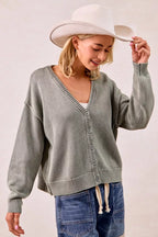 BiBi Womens Cardigan Cotton Washed Sweater Olive V Neck Basic Style ea5a97472075419db6aeb6cd683a64b1-Max-Origin Trendsi