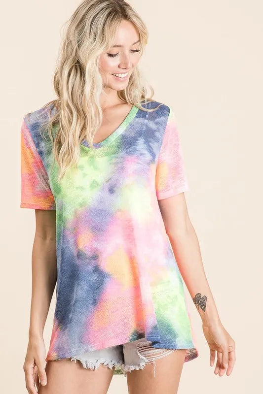 BiBi Tie Dye Print Womens T-shirt Low Gauge Deep U Neck Top ea5d6d932ebe4fb1b0c2bbef2f19c565-Max-Origin Trendsi