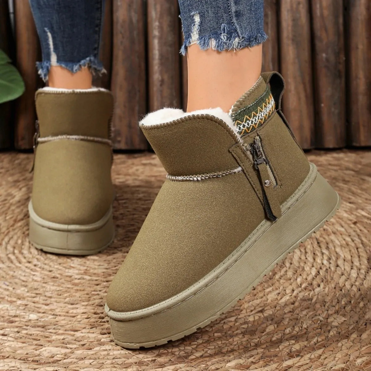 Women's Suede Ankle Boots with Decorative Strap Zipper Fluff Shoes Green ea63aa1df240453cba240932ef632581-Max-Origin Trendsi