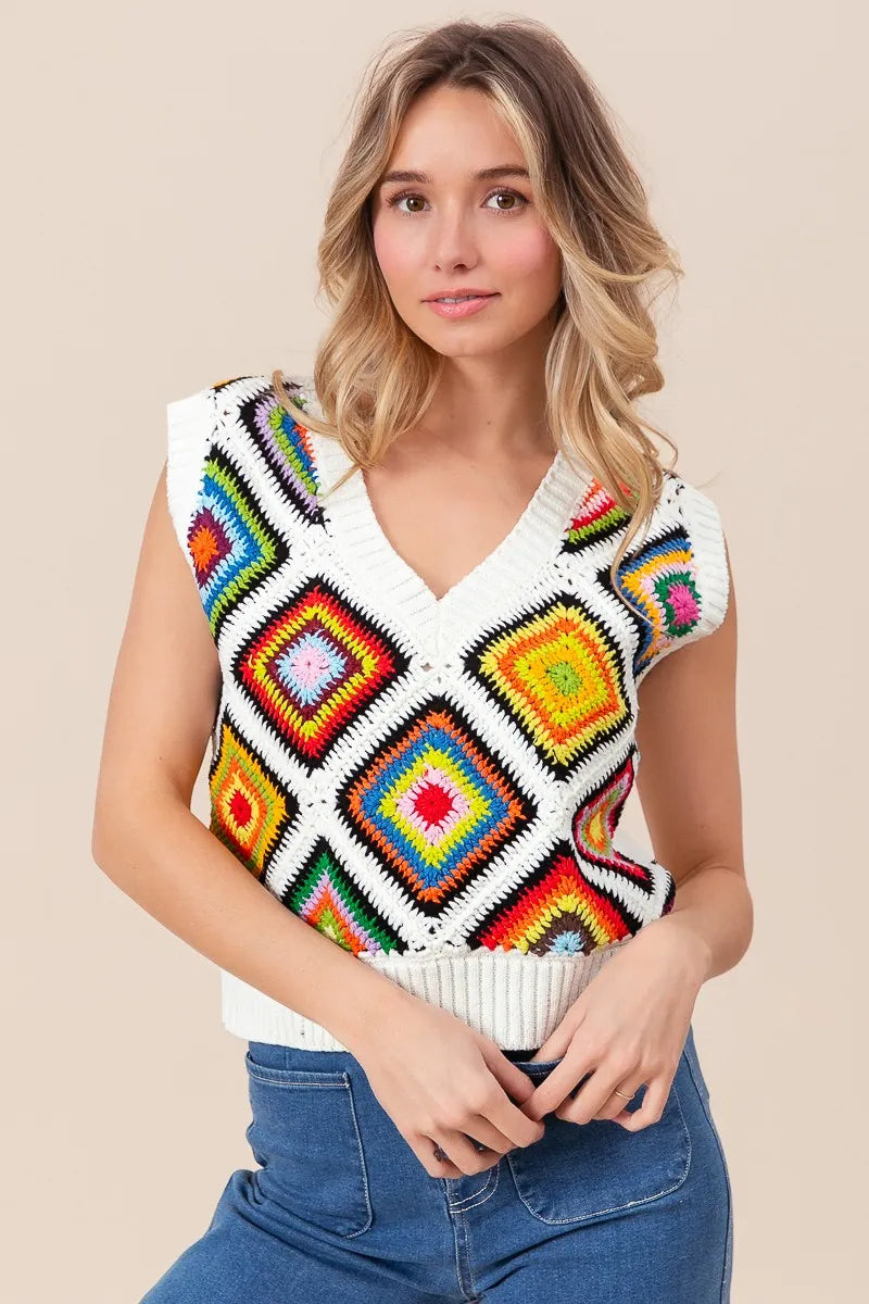 BiBi Sweater Vest Ivory Diamond Granny Multicolor Square Ribbed Knit Top ea6a77c2e1c94416859558361ed8781e-Max-Origin Trendsi
