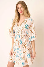 Mittoshop Mini Dress Flower Print Mocked Waist V Neck Short Sleeve ea7f8925e9b74642b21bb61a43574b93-Max-Origin Trendsi
