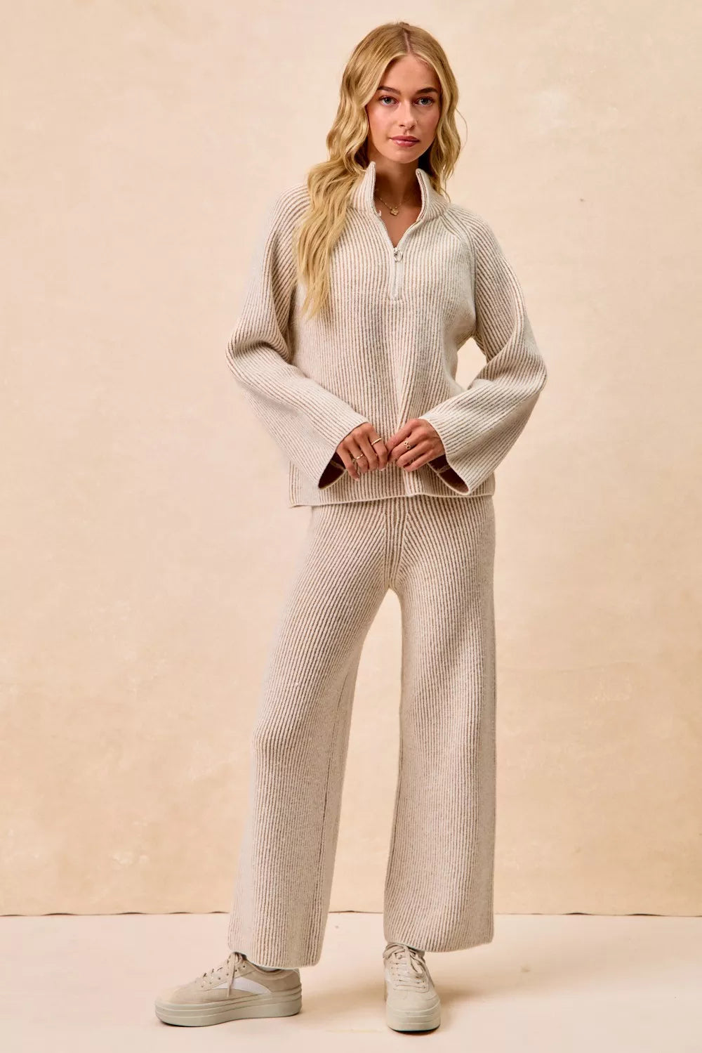 BiBi Womens Knit Top Taupe Two Tone Rib Texured with Zip Up Collared Sweater ea8f9754ea764a06a273ae6bb5854067-Max-Origin Trendsi