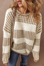 Striped Sweater Round Neck Dropped Shoulder Long Sleeve Knitwear Taupe eaa4b536-cbb2-4eb8-8845-e6859ec11150-Max Trendsi