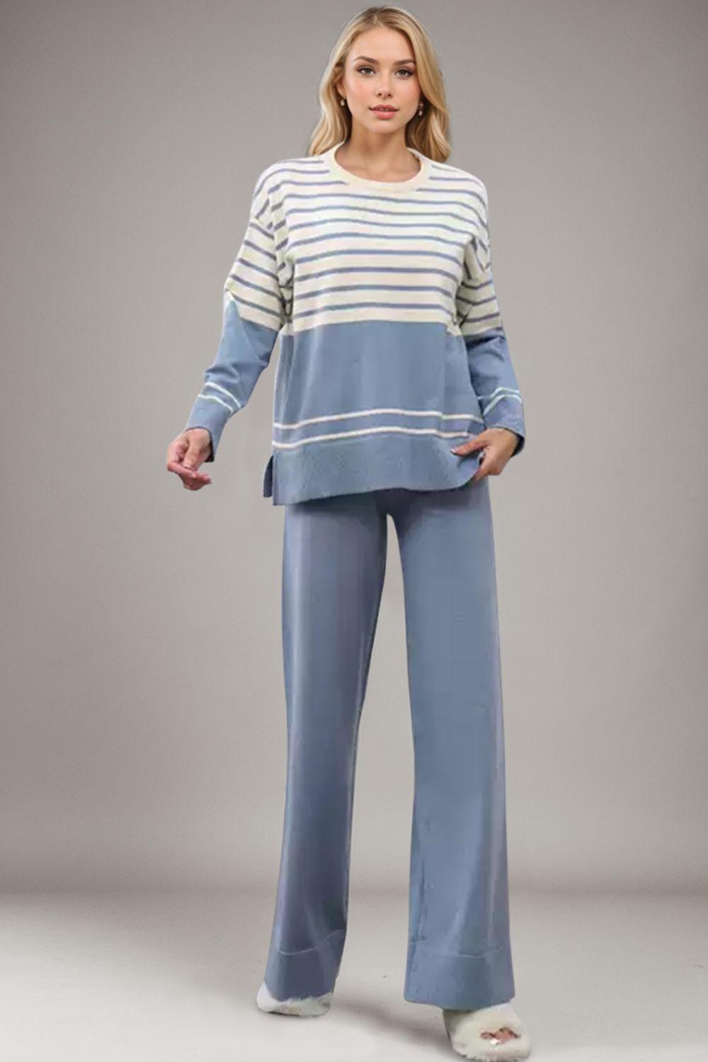 Basic Bae Outfit Sweater Set Striped Round Neck Long Sleeve Top and Pants Set