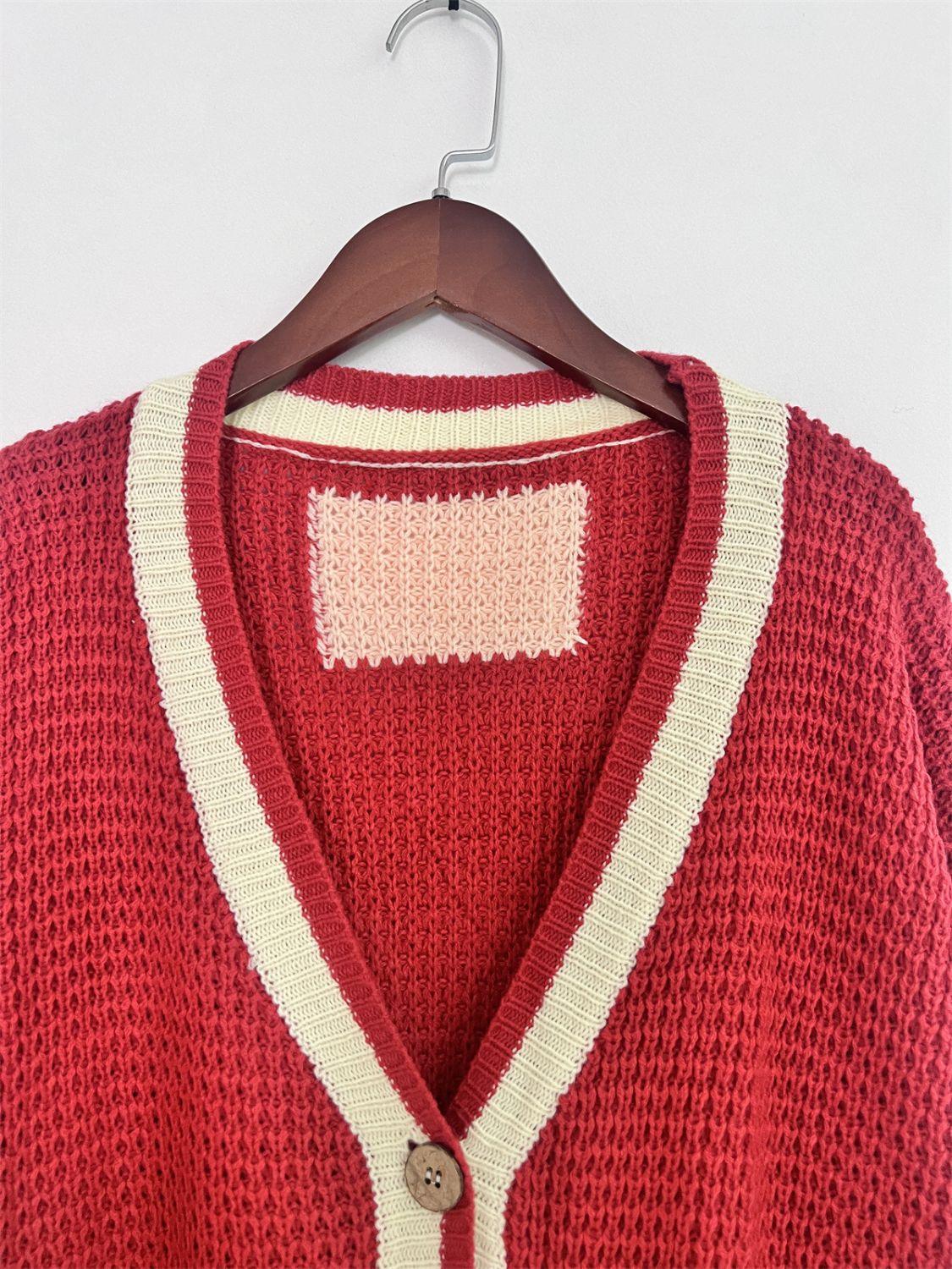 Pocketed Cardigan Contrast V-Neck Long Sleeve Knitwear eababca3-3d3e-4434-8b35-da7756690d33-Max Trendsi