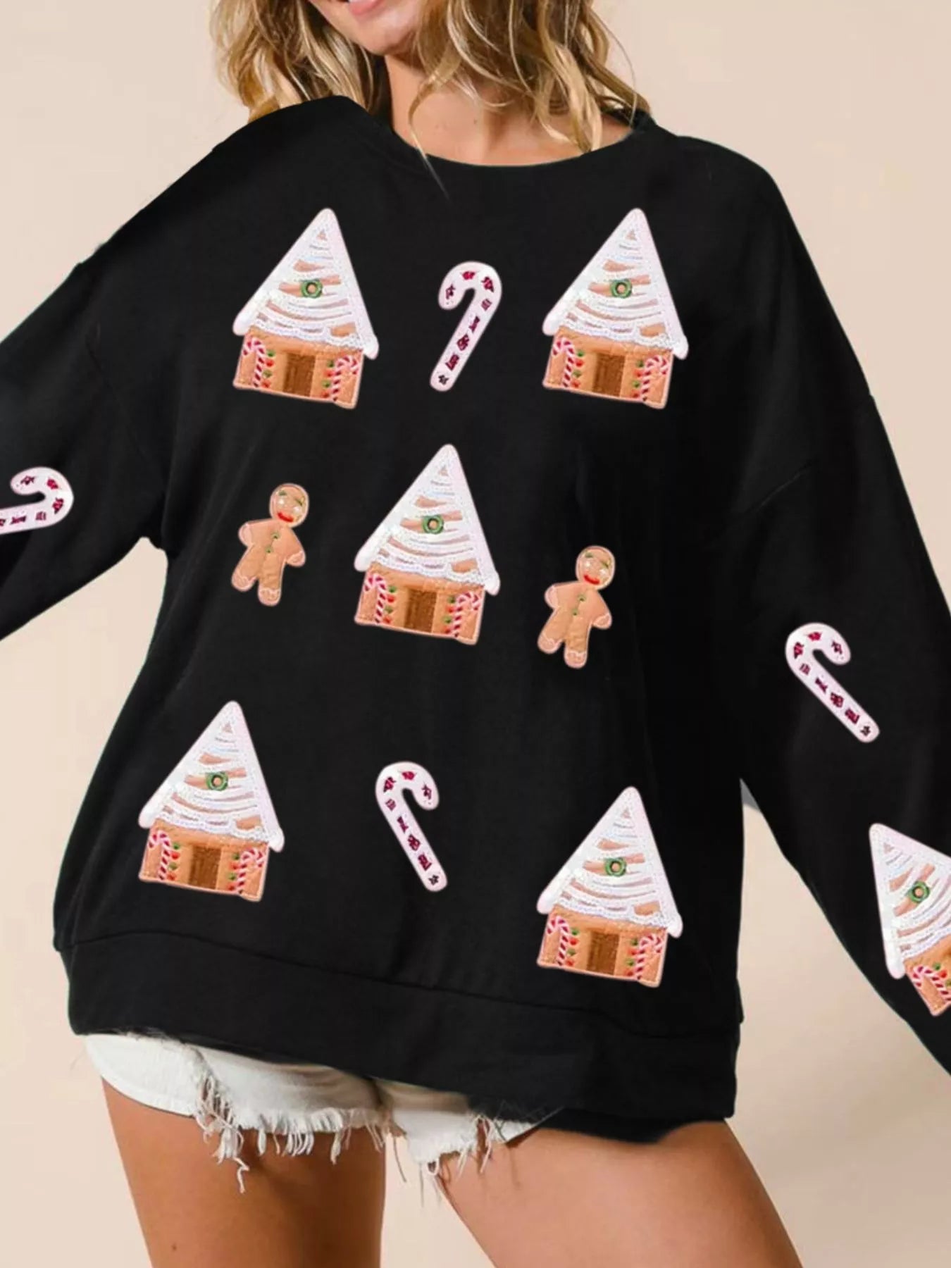 Christmas Women's Sweatshirt Gingerbread House Sequin Pullover Black eabeb027-719d-4324-808b-925382f6ec69-Max-Origin Trendsi