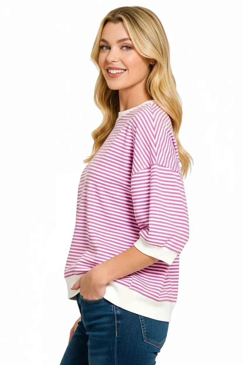 Zenana Women T-shirt Mauve Striped Contrast Trim Banded Bottom Top eac16494-4d85-4cb6-b4c5-035f34b0aa28-Max-Origin Trendsi