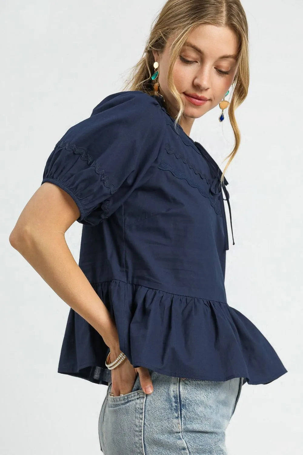 Umgee Cotton Blouse Dark Navy Ruffled Tie Front Puff Short Sleeve Top eac58b93-787a-4e94-aabc-4473cbd5e284-Max-Origin Trendsi
