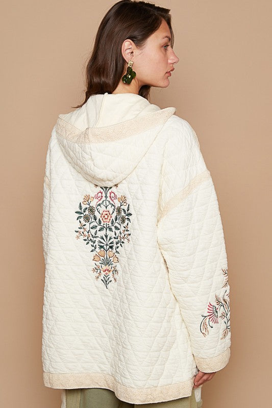 POL Quilted Jacket Cream Floral Embroidered Open with Crochet Pockets