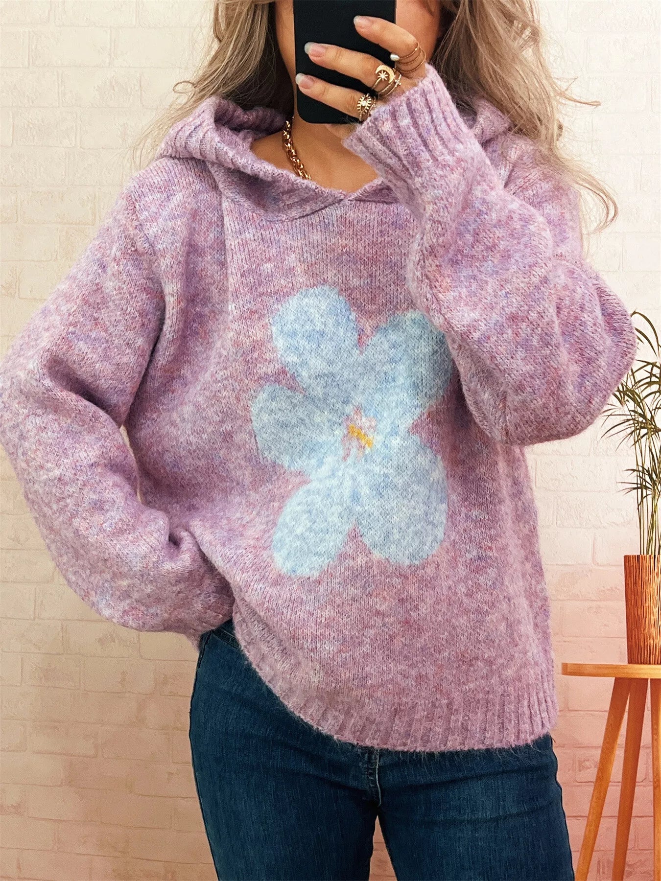 Women's Sweater Flower Long Sleeve Hooded Knit Pullover Purple One Size eacb2a27623442f0bf9b1f1477100253-Max-Origin Trendsi