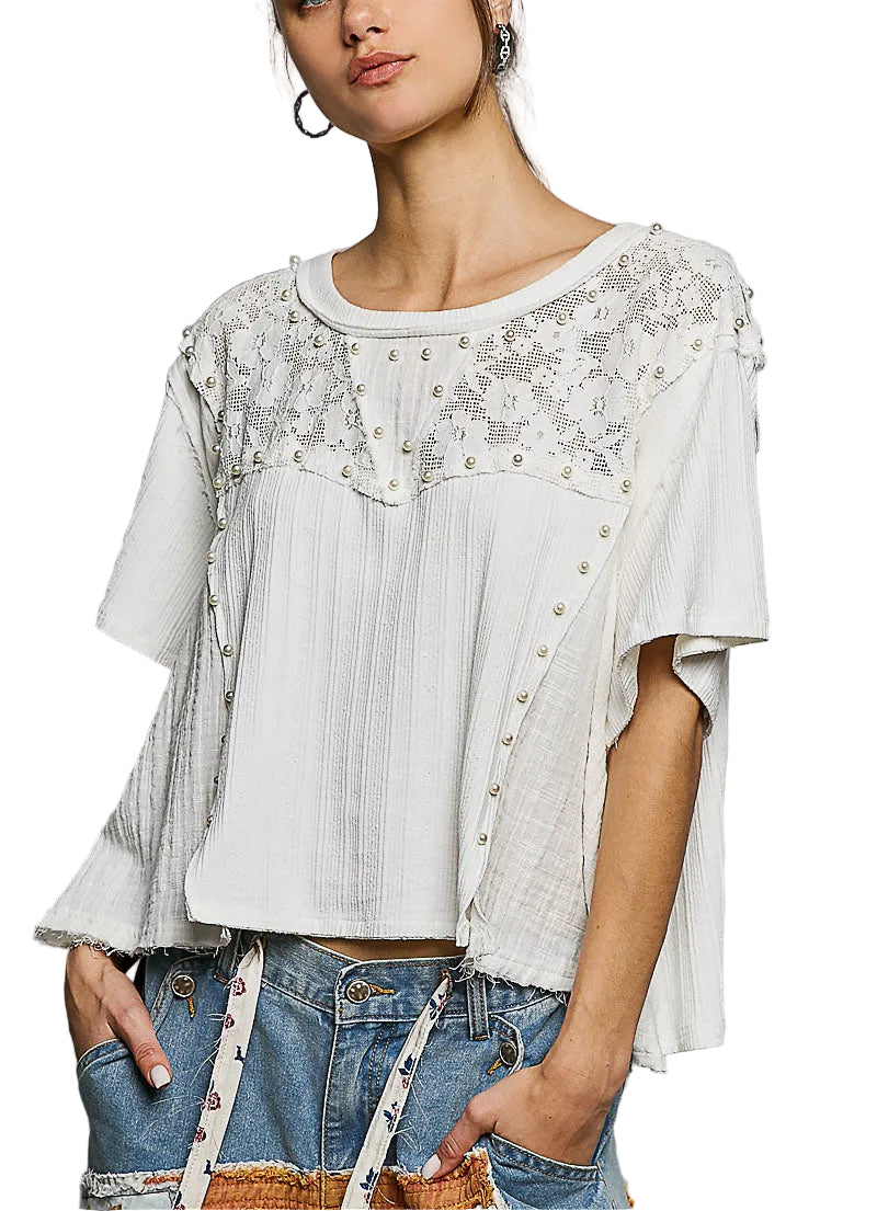 POL Lace Pearl Stud Round Neck Short Sleeve Shirt