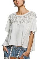 POL Lace Pearl Stud Round Neck Short Sleeve Shirt