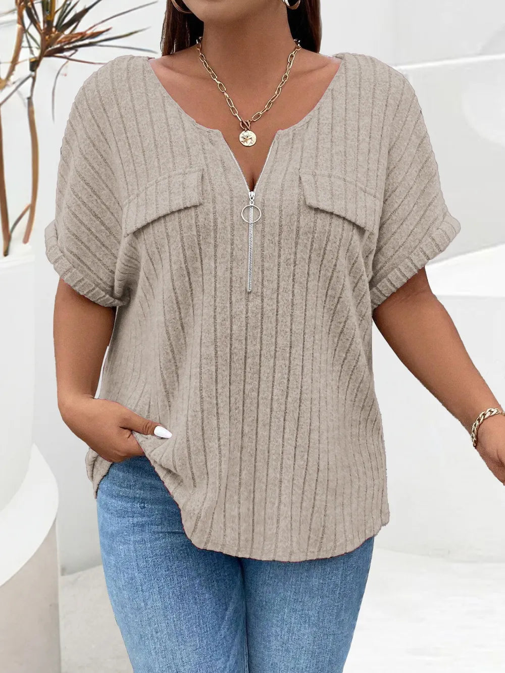 Plus Size Half-Zip Short Sleeve T-Shirt