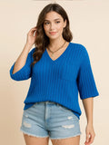 Plus Size V-Neck Ribbed Knit T-Shirt with Pocket