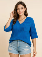 Plus Size V-Neck Ribbed Knit T-Shirt with Pocket