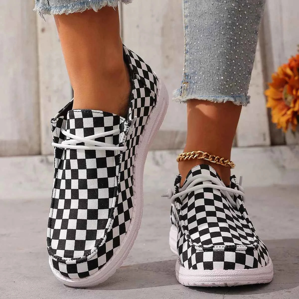 Checkerboard Pattern Casual Sneakers Black eaf604bcfd444ec69b471b52de71b32f-Max-Origin Trendsi